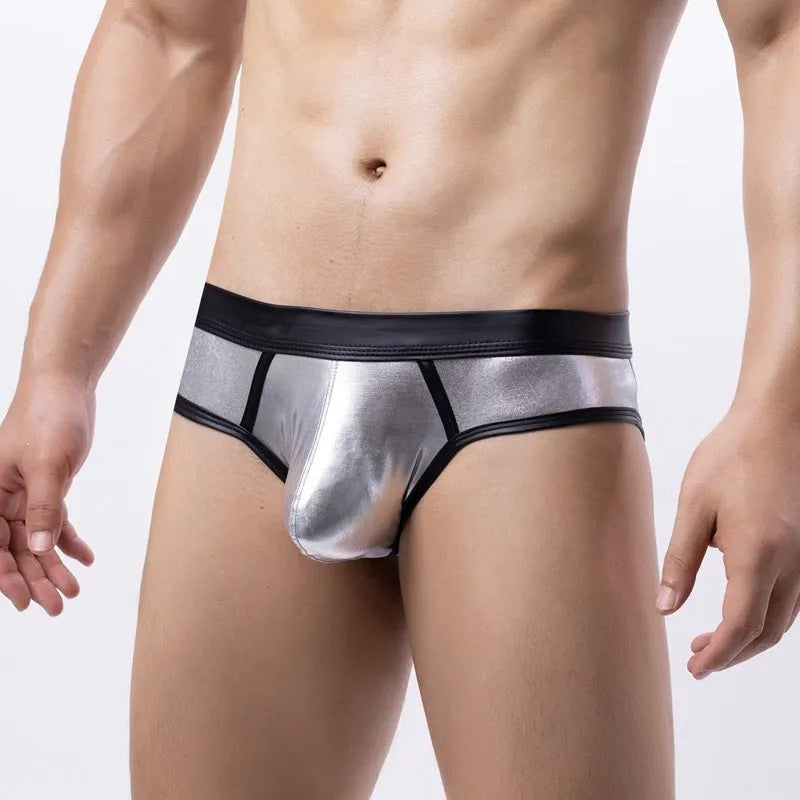 Men's patent leather effect swim briefs bikini style in gold, silver, or red polyester swimwear
