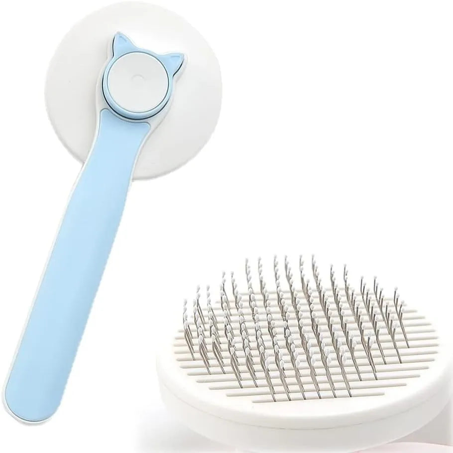 Self-cleaning cat grooming brush with blue rubber handle and metal bristles