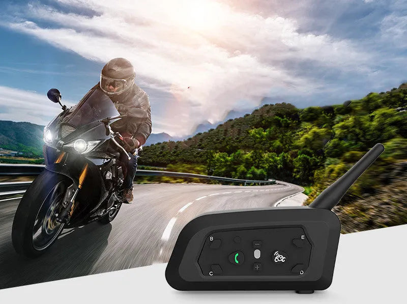 V6 Pro motorcycle Bluetooth intercom unit with headphones and mounting hardware