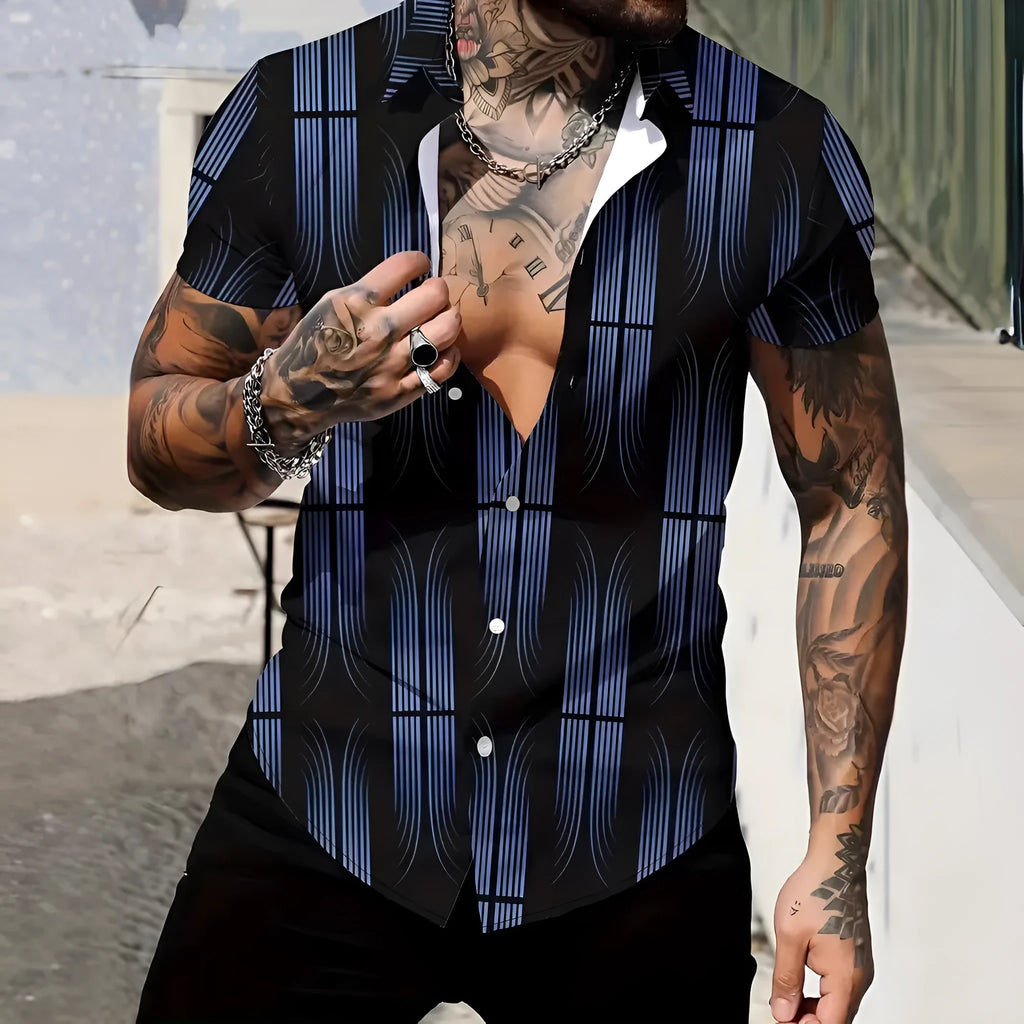 Men's geometric line print lapel short sleeve shirt in slim fit polyester fabric