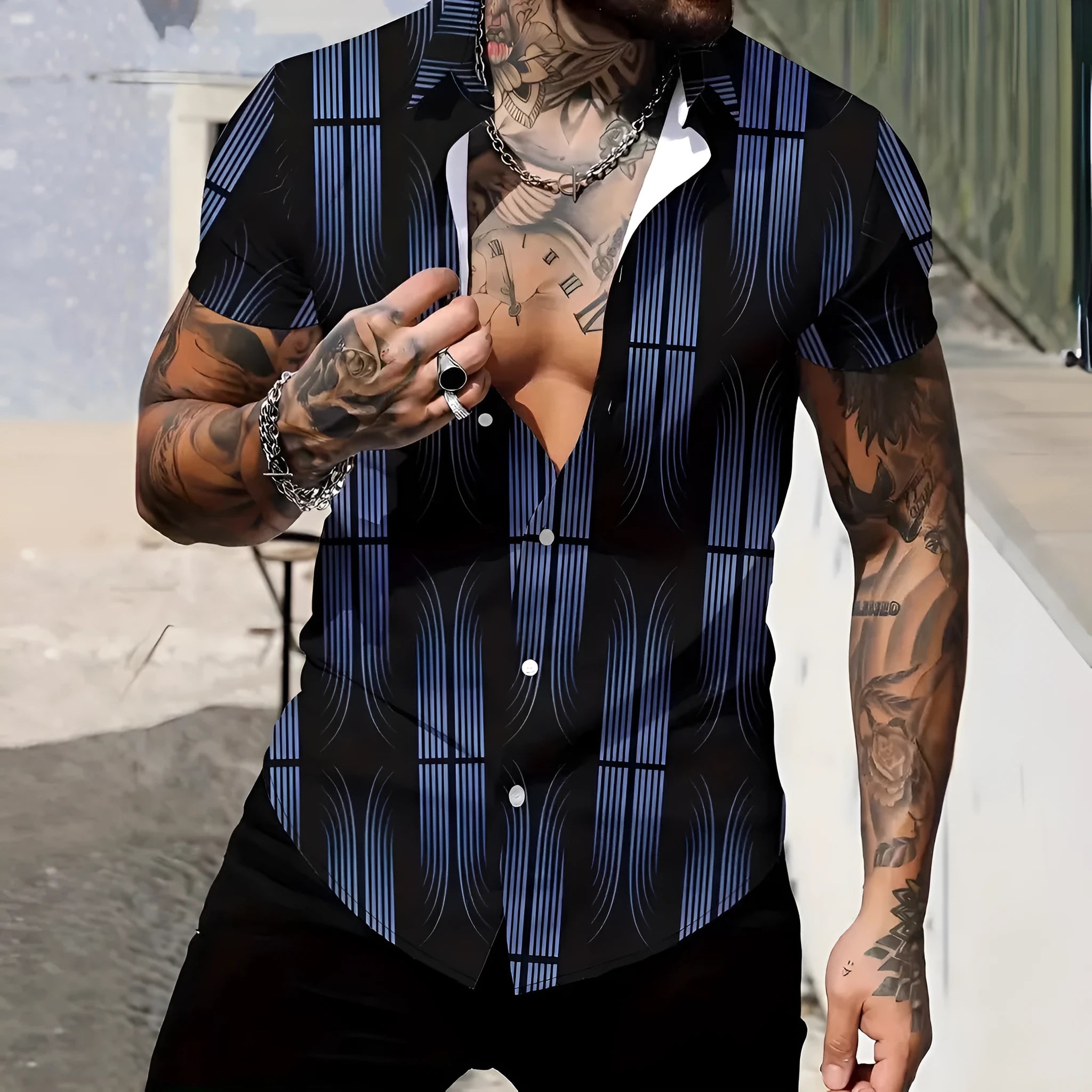 Men's geometric line print lapel short sleeve shirt in slim fit polyester fabric