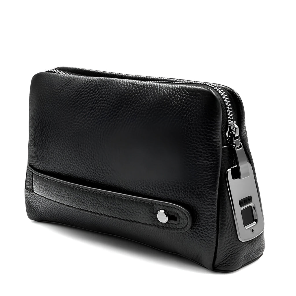 Black men's fingerprint lock wallet in head layer cowhide with zipper closure and USB charging port