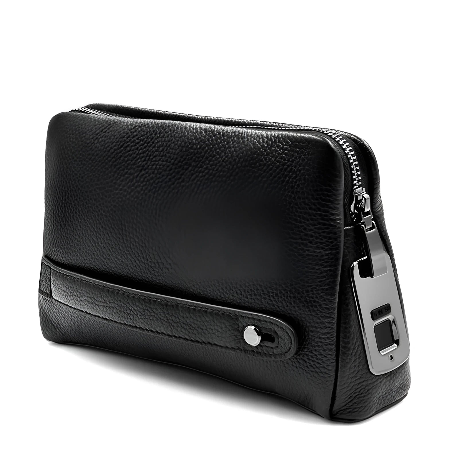 Black men's fingerprint lock wallet in head layer cowhide with zipper closure and USB charging port