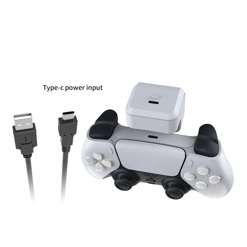 White ABS PS5 handle power bank with Type-C port and LED indicator, attached to a PS5 controller