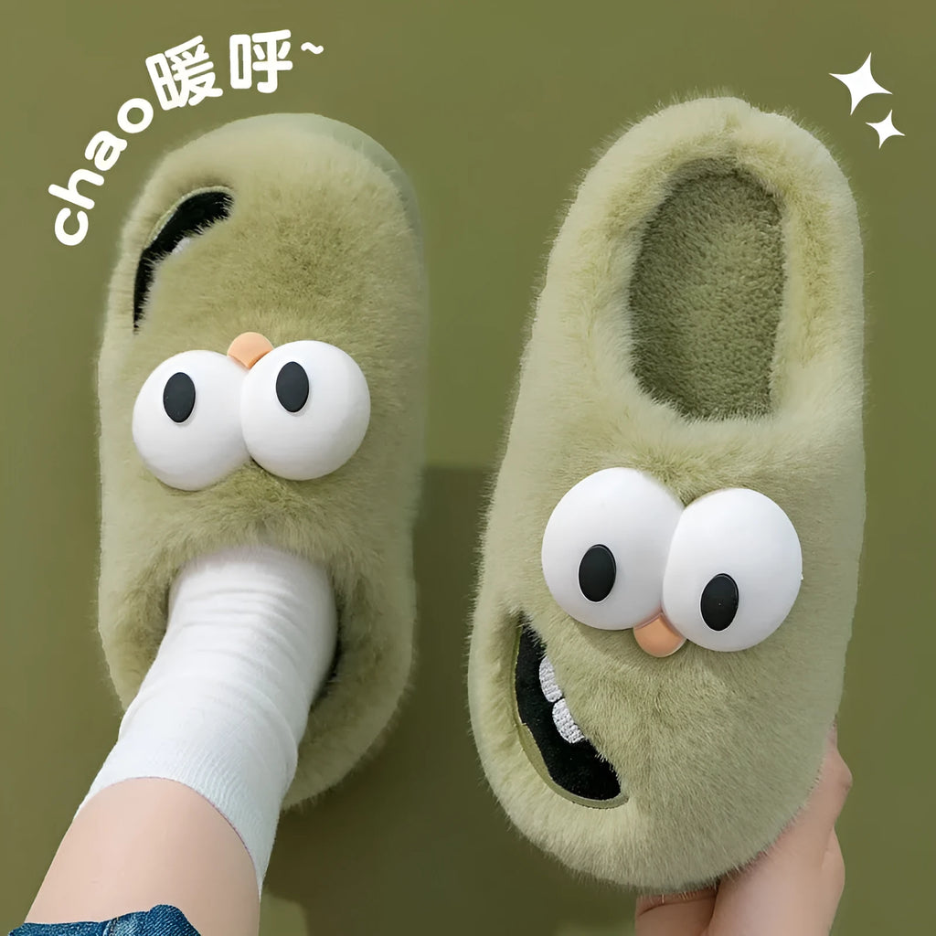 Female warm indoor cartoon big eye dog cotton slippers with suede upper, grey colour, size 38/39