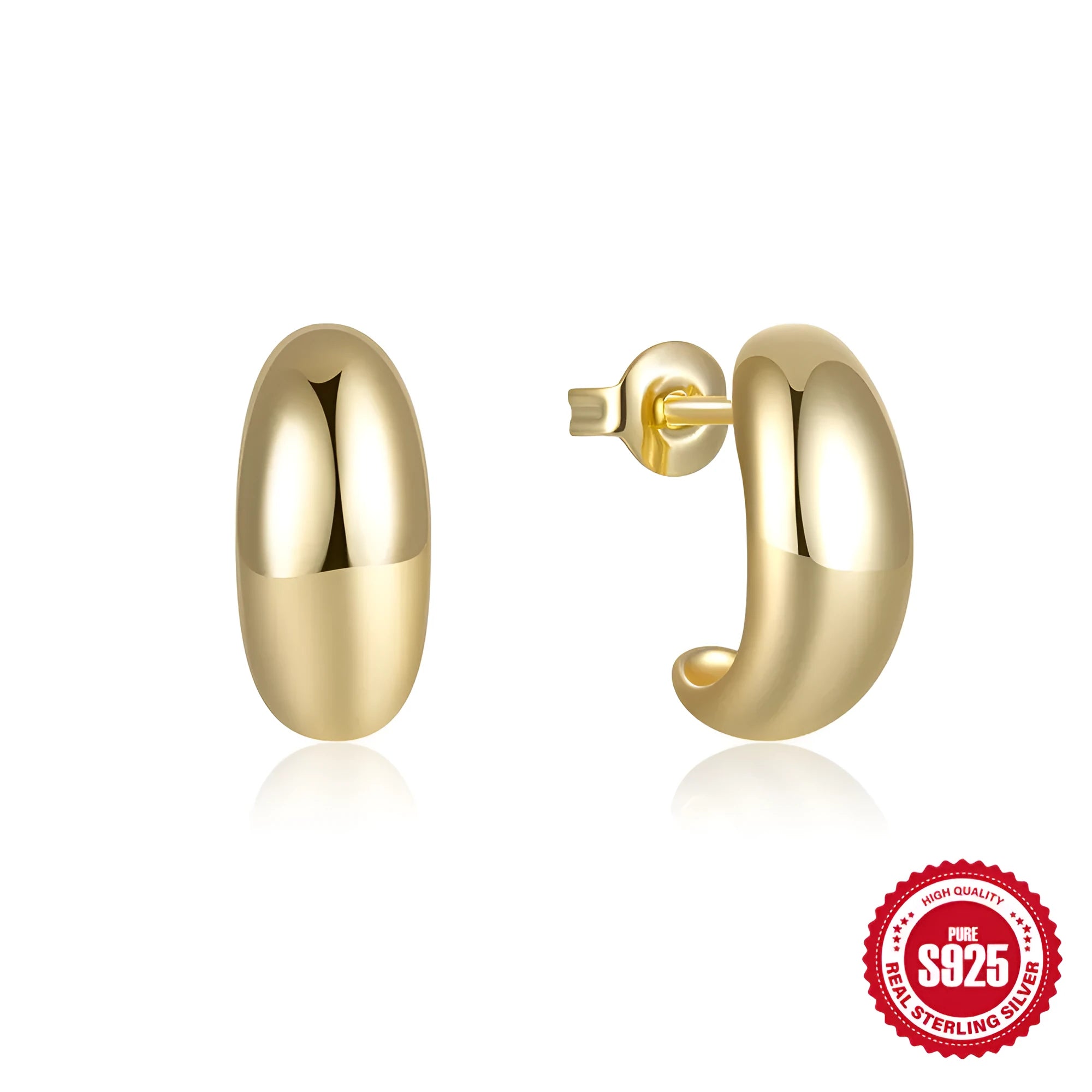 925 sterling silver C-shaped stud earring with electroplated glossy gold finish geometric ringstud design