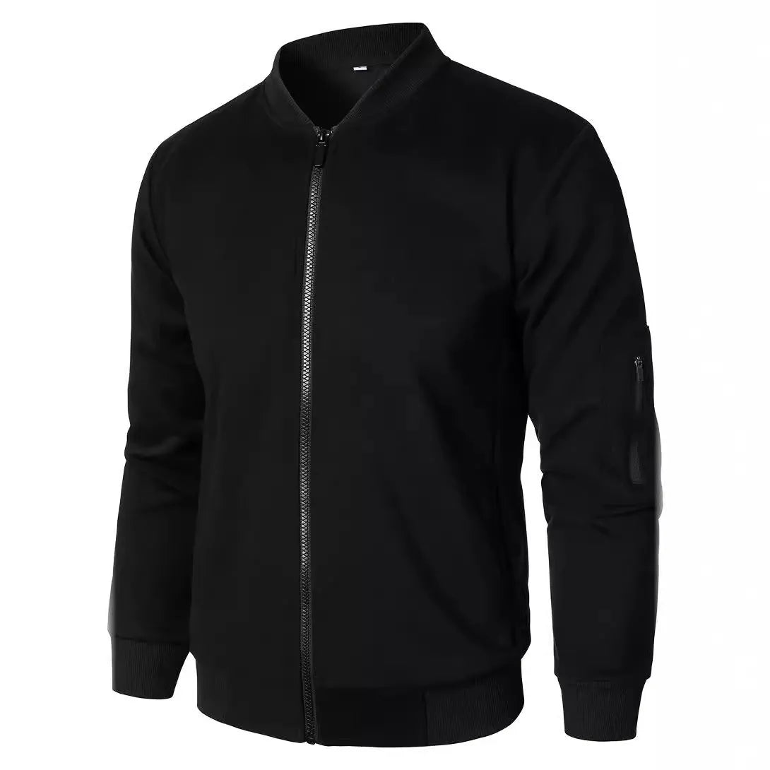 A man's loose-fit knitted jacket in a cotton blend, shown in black, blue, or grey.
