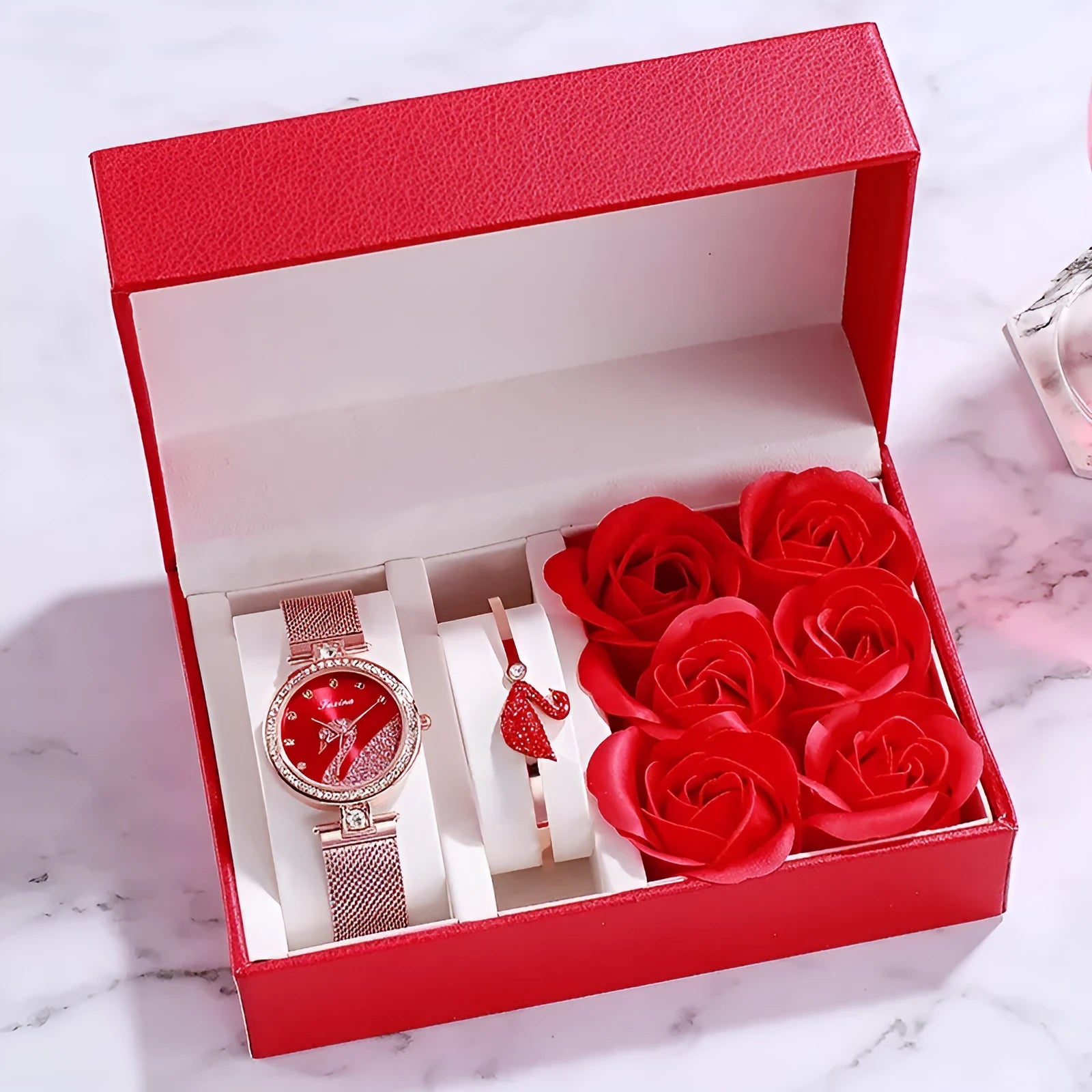 Women's quartz wrist watch with round alloy case, sapphire crystal glass, genuine leather strap, and onion crown