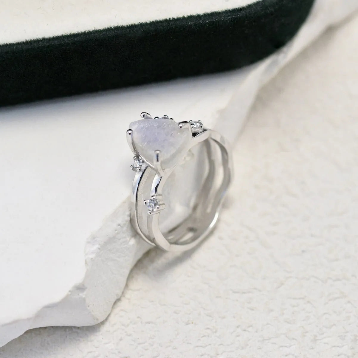 S925 sterling silver irregular triangle ring with moonstone in rose, white, or yellow gold tone.