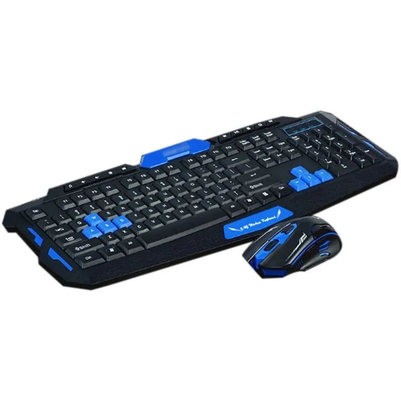 Black and blue wireless keyboard and mouse set on a desk