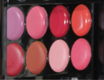 Three-layer makeup box with 24 colour eyeshadows, 8 lipsticks, blushes, powders, brushes, and mirror