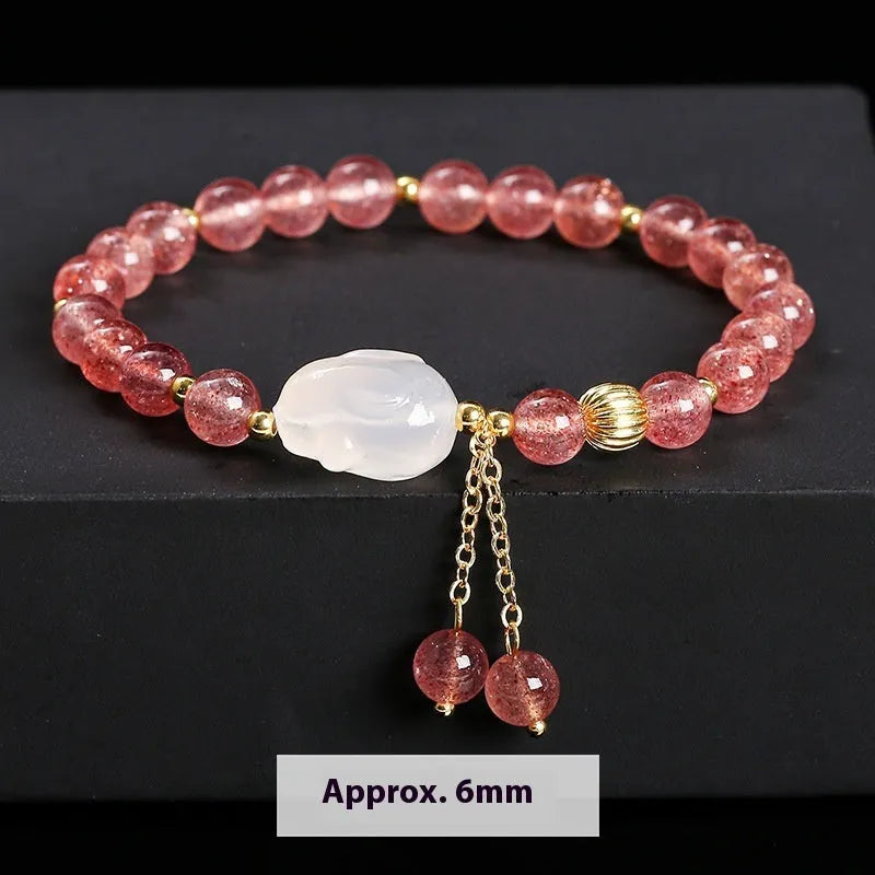 Strawberry quartz agate White Rabbit bracelet with 6mm geometric round beads for women