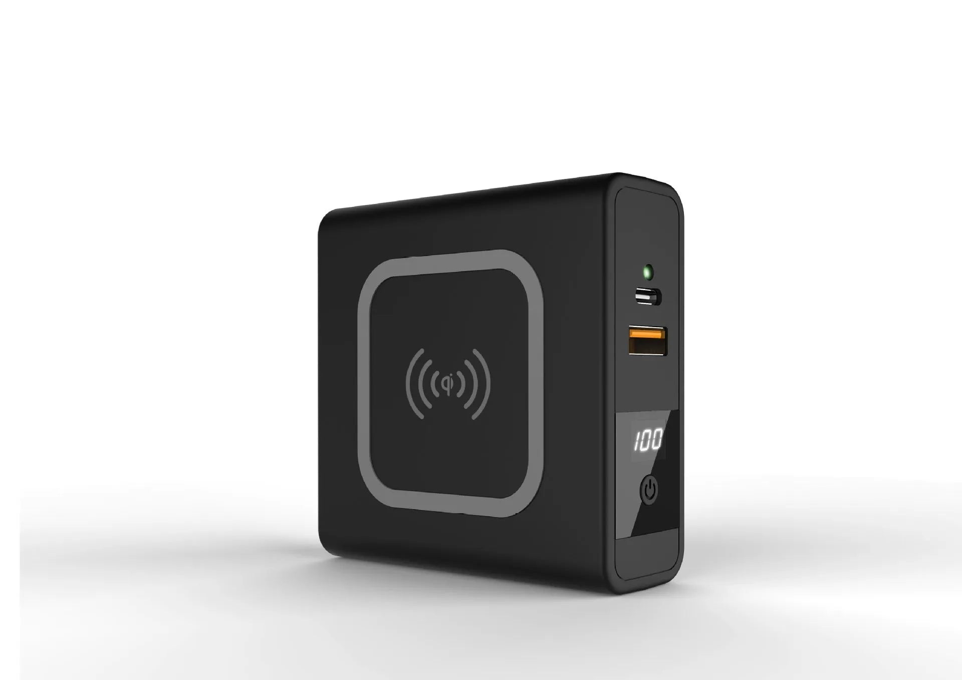 Black and white power bank with built-in plug and set of international travel adapters.