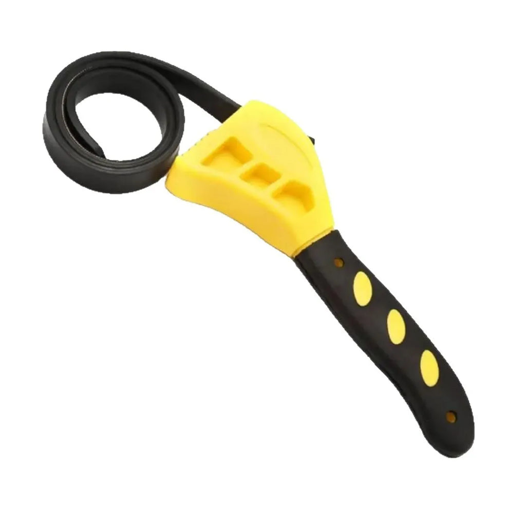 A 6-inch and an 8-inch rubber strap wrench set on a workbench, showing the adjustable rubber strap and plastic handle.