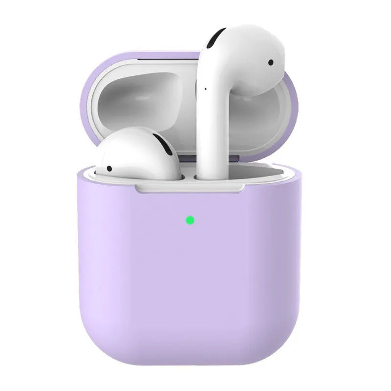 Silicone clamshell protector case for AirPods 2 wireless earphones shown in multiple colour options.