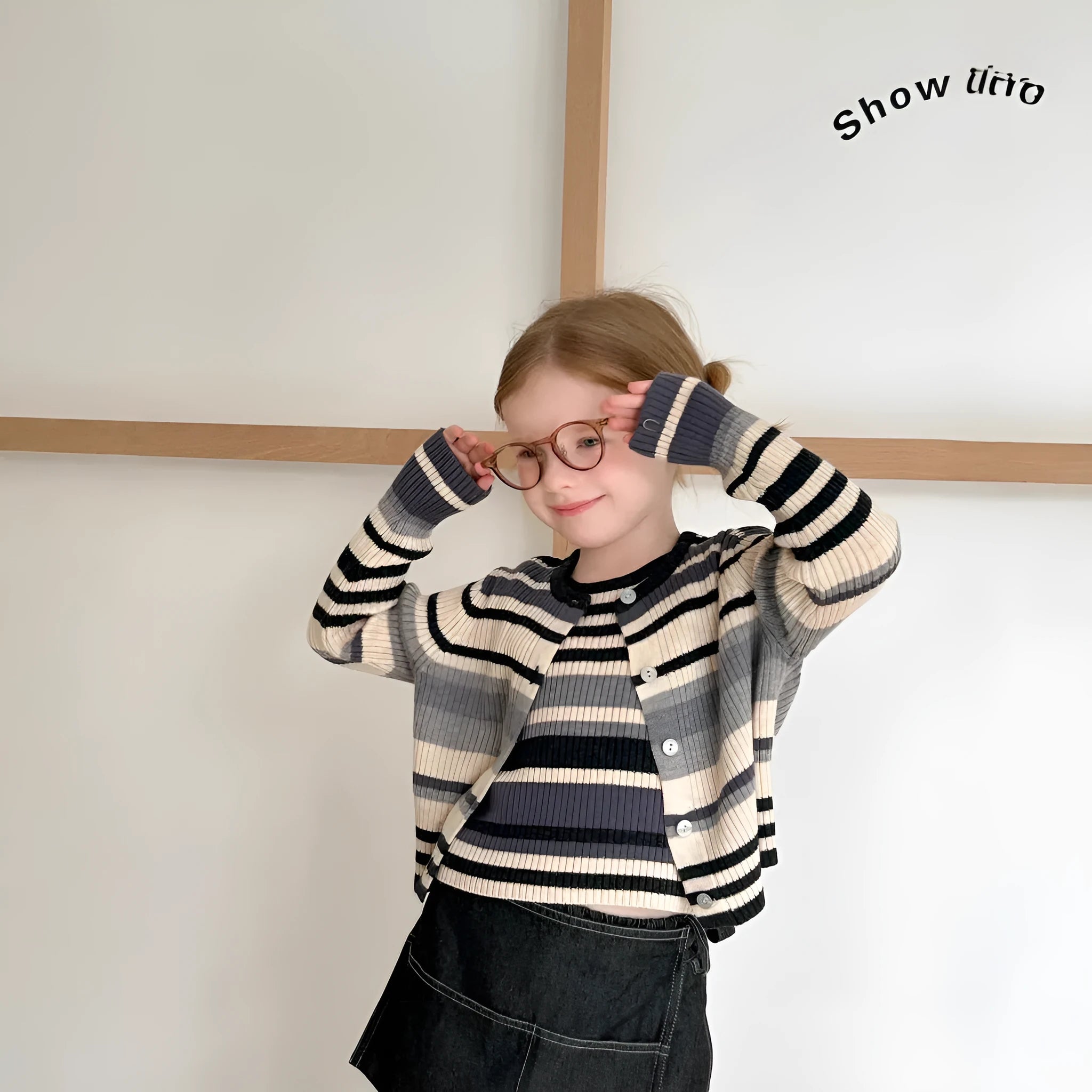 Girls gray striped knitted vest cardigan two-piece set on child model