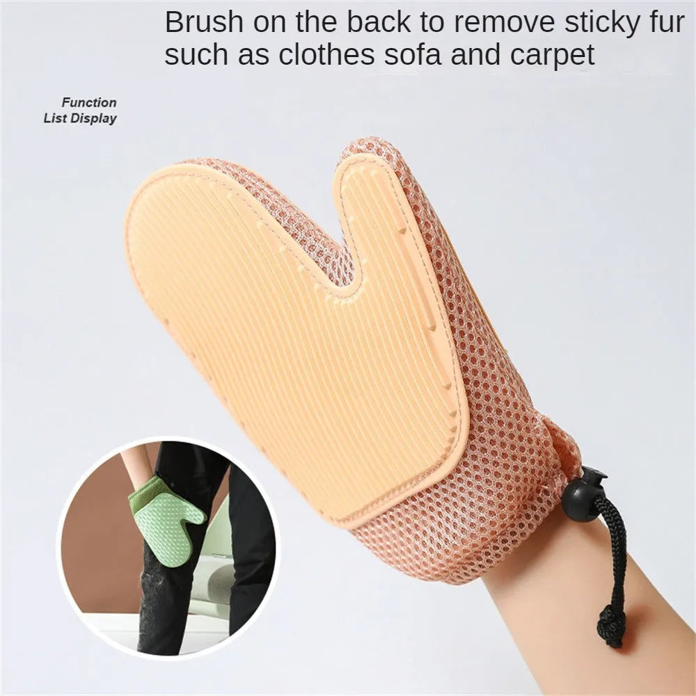 Dark blue mesh pet grooming glove with TPR grips for removing cat and dog hair from pets and fabrics.