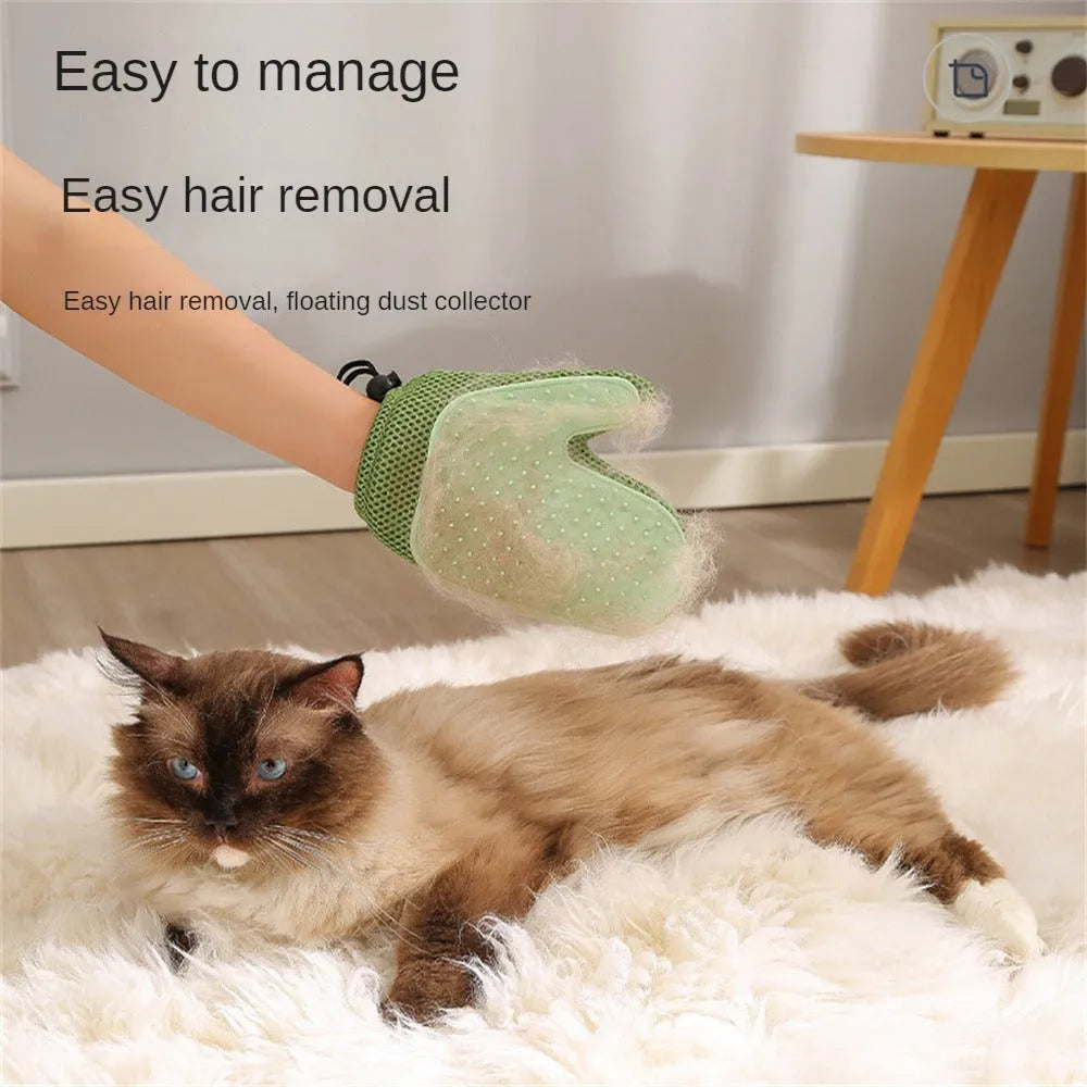 Dark blue mesh pet grooming glove with TPR grips for removing cat and dog hair from pets and fabrics.