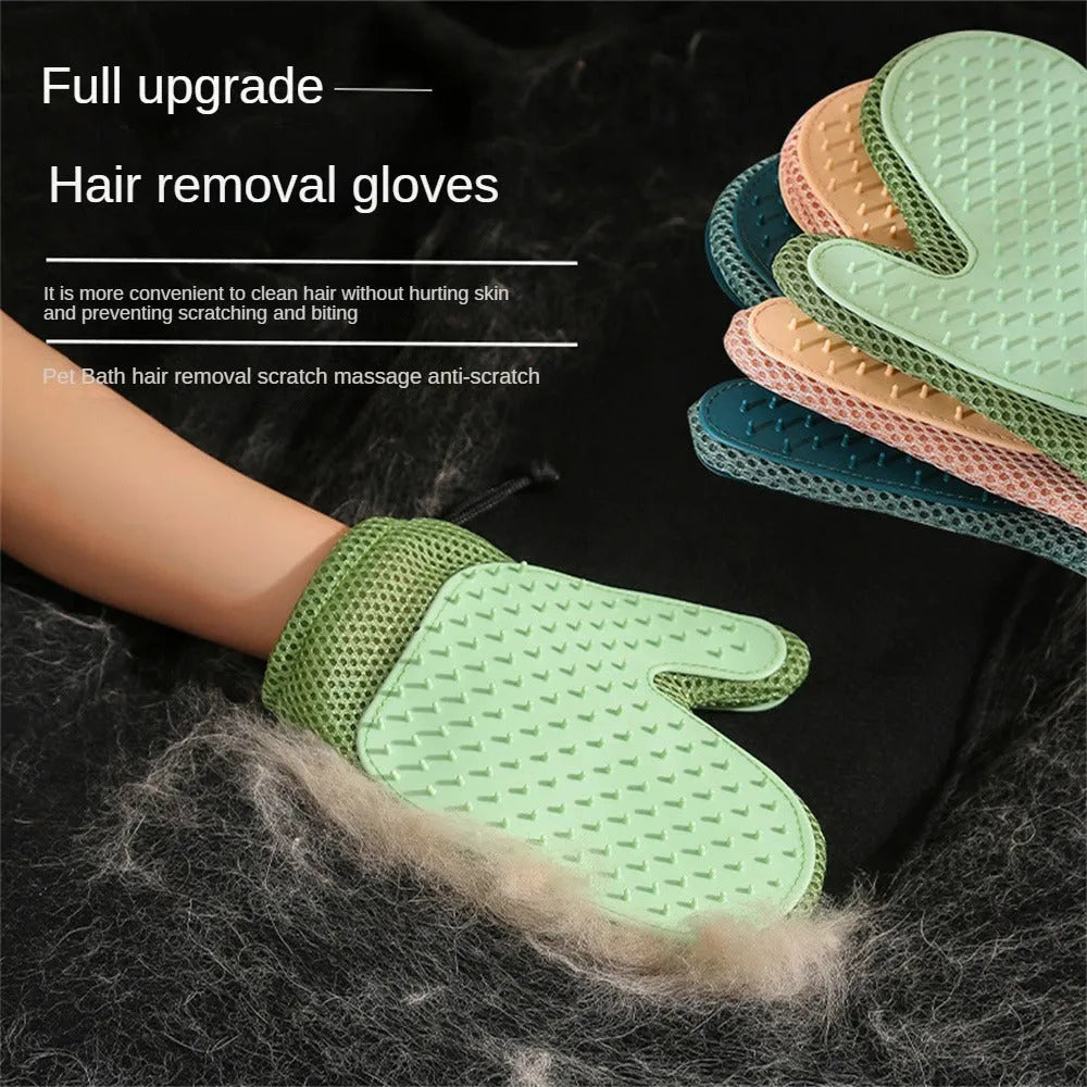 Dark blue mesh pet grooming glove with TPR grips for removing cat and dog hair from pets and fabrics.