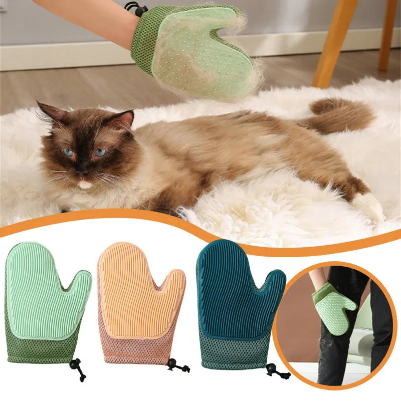 Dark blue mesh pet grooming glove with TPR grips for removing cat and dog hair from pets and fabrics.