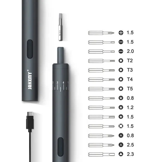 Black pen-style mini electric screwdriver with aluminium casing and micro USB charging port.