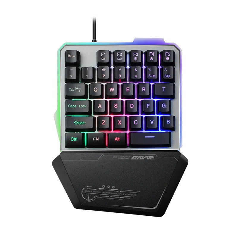 G40 black one-handed mechanical gaming keyboard with RGB backlit keys and a USB cable.
