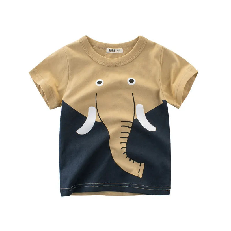 Children's green lion print cotton T-shirt on a hanger, showing crew neck and short sleeves.