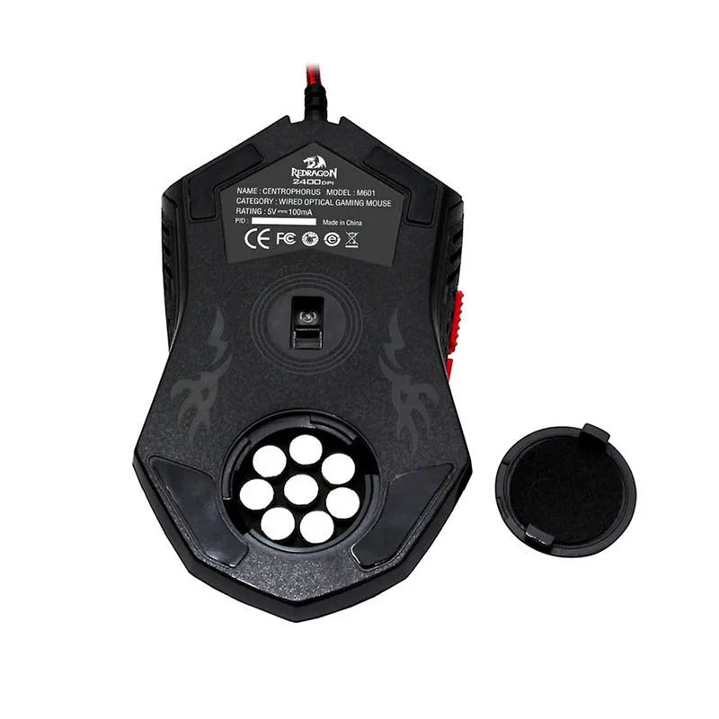 Black and red USB wired optical gaming mouse with six buttons on a desktop.