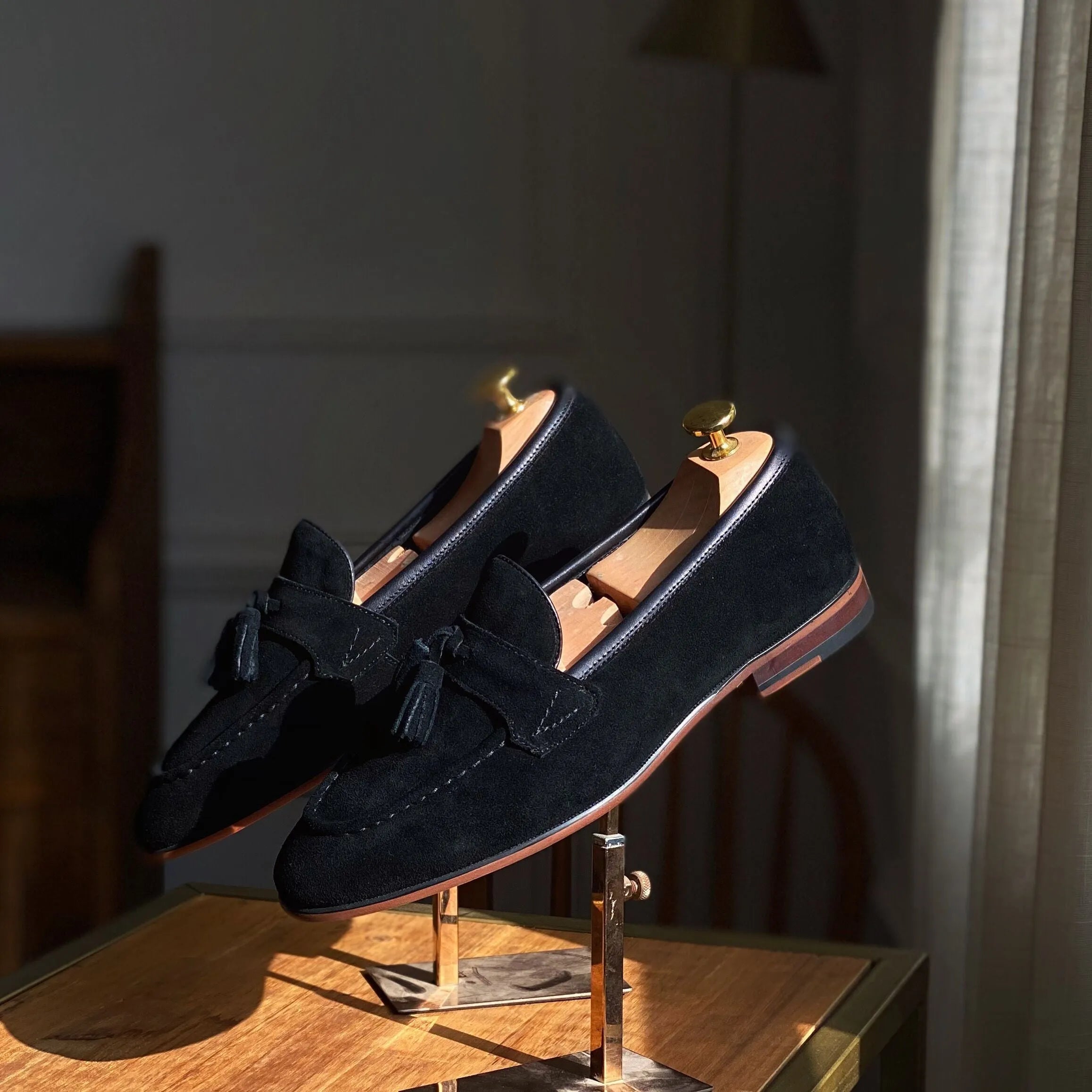 Men's square cowhide suit shoes in black leather, slip-on style with first-layer cowhide upper