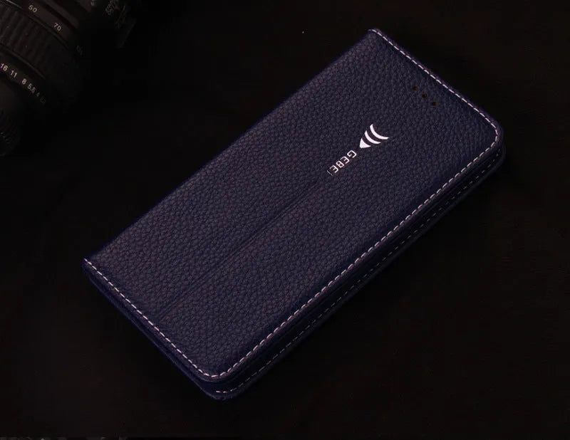 Black PU leather wallet case for iPhone with multiple card slots open.