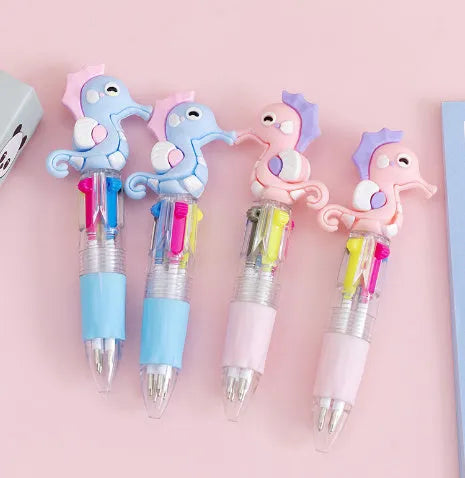 Four-colour press ballpoint pen with cartoon design showing cactus, fast food, fruit, heart wing, or seahorse print