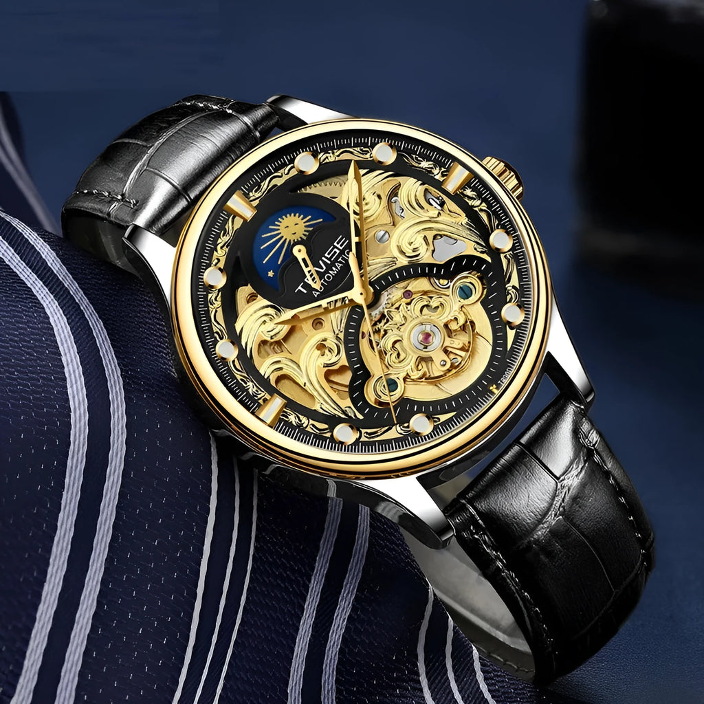 Men's gold leather automatic mechanical watch with waterproof case on wrist.