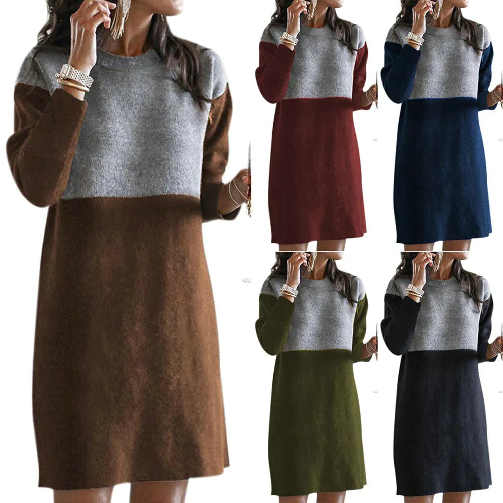 Brown women's polar fleece sweater dress with patchwork detailing and princess dress silhouette