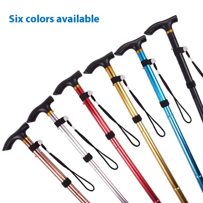 Adjustable aluminium folding walking stick in a chosen colour, shown extended and folded.