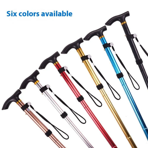 Adjustable aluminium folding walking stick in a chosen colour, shown extended and folded.