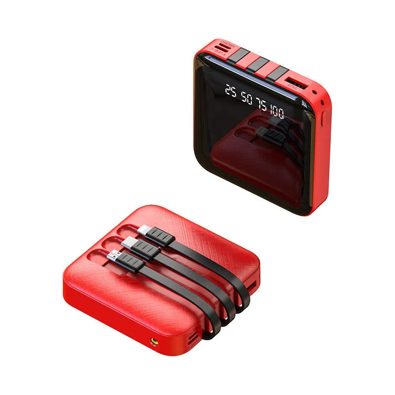 Black or red plastic power bank with an integrated charging cable, showing compact size.