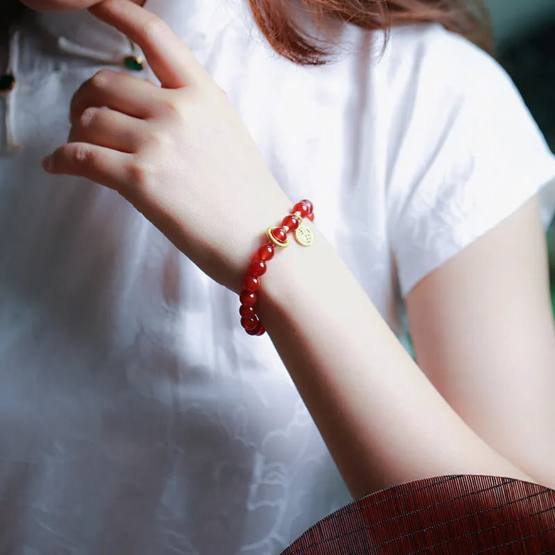 Natural red agate bracelet with weaving construction in national style design