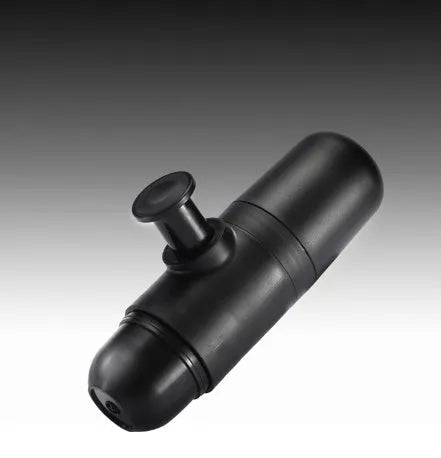 Black portable manual coffee machine measuring 6cm by 17.5cm with stainless steel components
