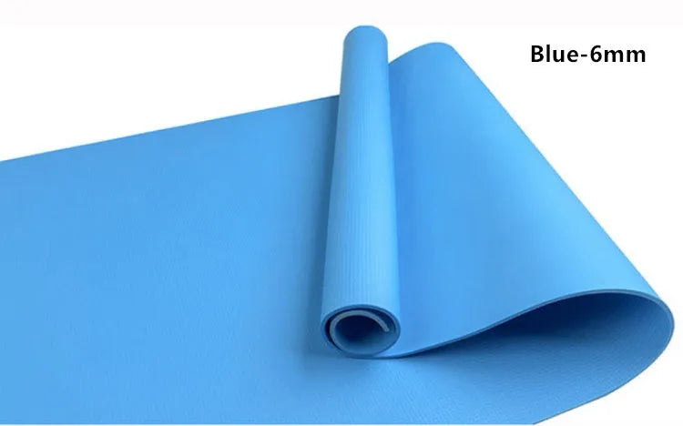 Red EVA fitness yoga mat showing thickness options of 4mm and 6mm on a wooden floor