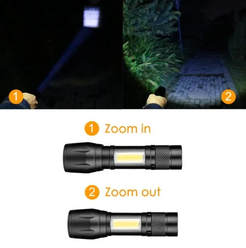 Black aluminium alloy mini telescopic LED flashlight with zoom focus and pocket clip
