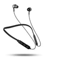 Neckband sports Bluetooth earphones in black, red, or white with earpieces and a USB cable.