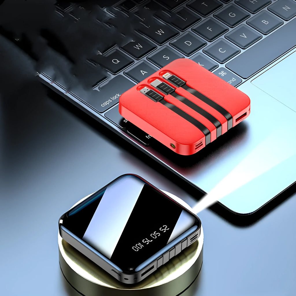 Black or red plastic power bank with an integrated charging cable, showing compact size.