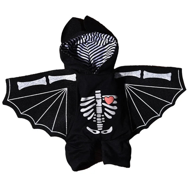Halloween dog costume selection showing bat suit, devil outfit and pumpkin pack designs