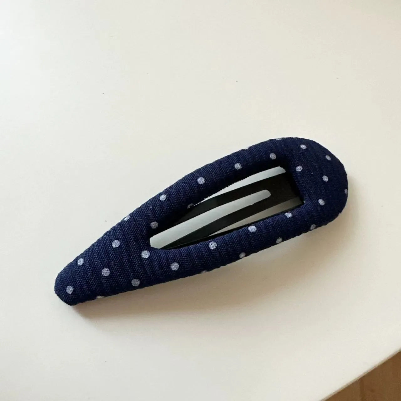 French retro dot pattern barrettes in triangle and water drop shapes with dark denim designs