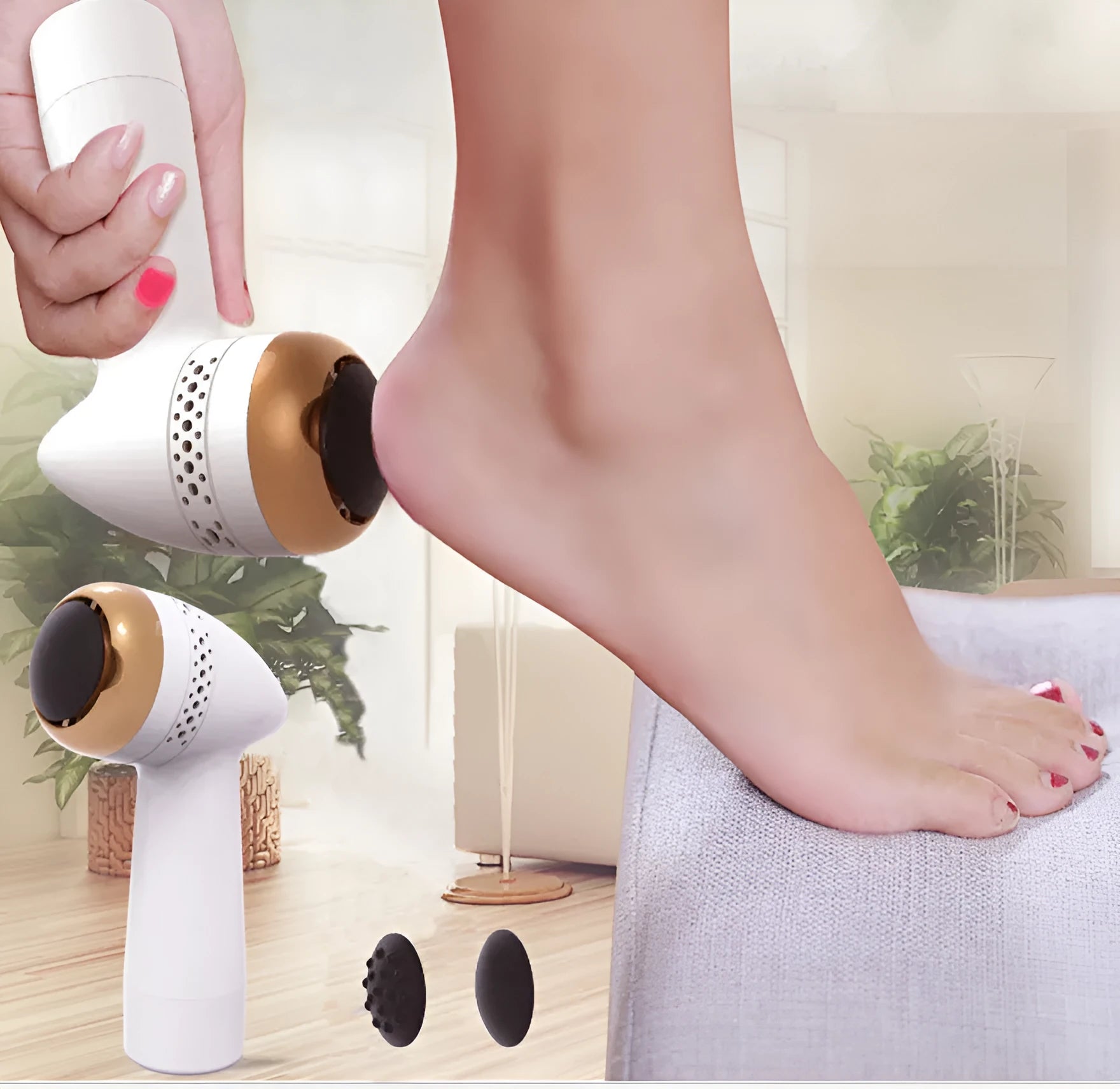 Electric vacuum foot grinder with refined quartz grinding head in metallic gold finish