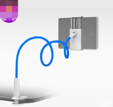 Black bedside phone handset with a long aluminium arm holding a mobile phone on a table.