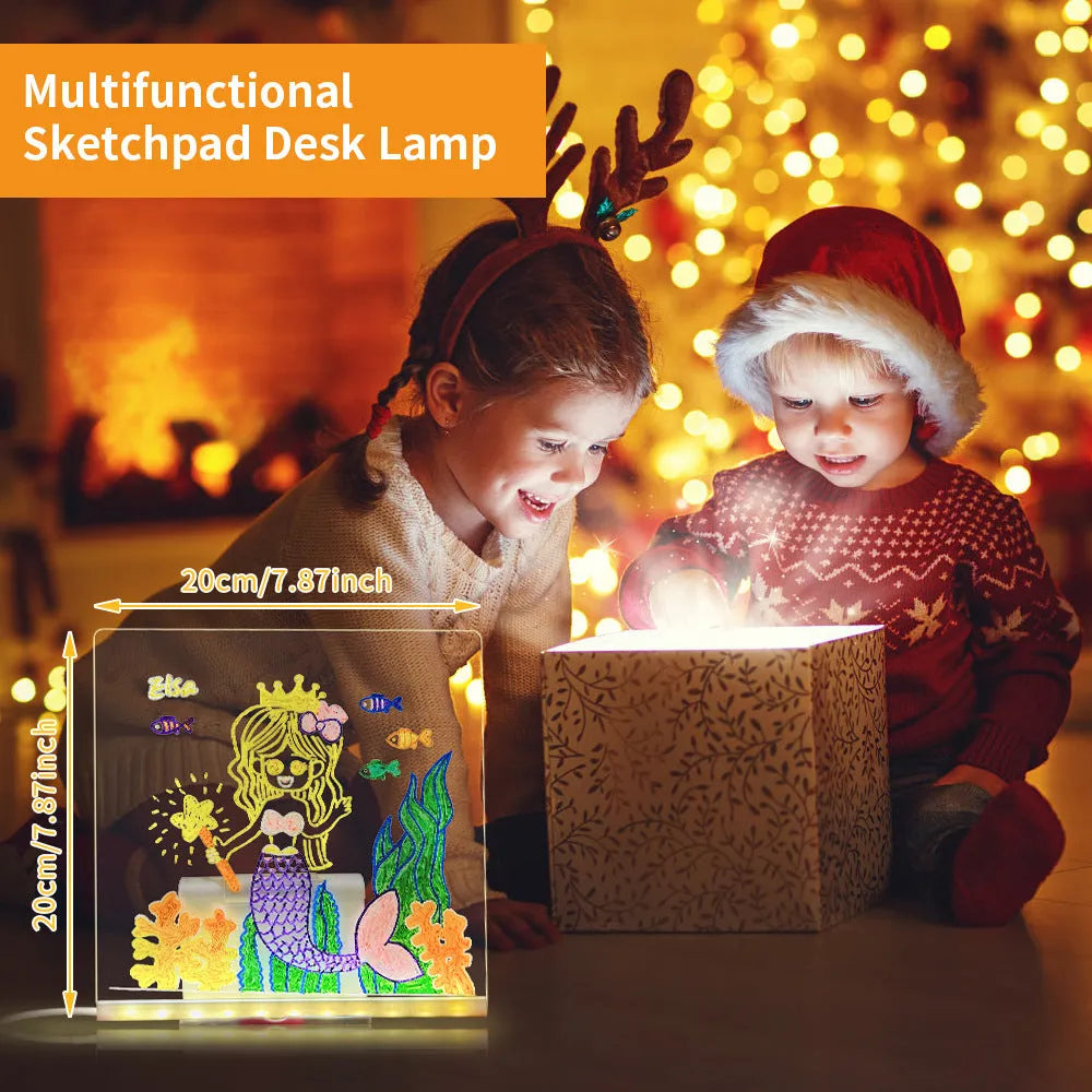 Transparent acrylic reusable LED drawing board with USB light and adjustable stand, showing rainbow drawing