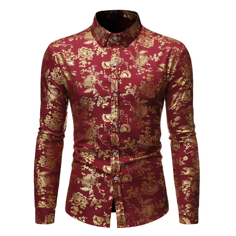 Man wearing a casual long sleeve lapel shirt with a metallic bronzing print, available in multiple colours.