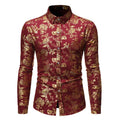 Man wearing a casual long sleeve lapel shirt with a metallic bronzing print, available in multiple colours.