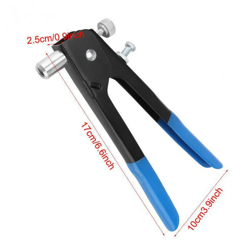 Manual riveter nut set in alloy steel with multiple tool heads arranged in gun-style configuration